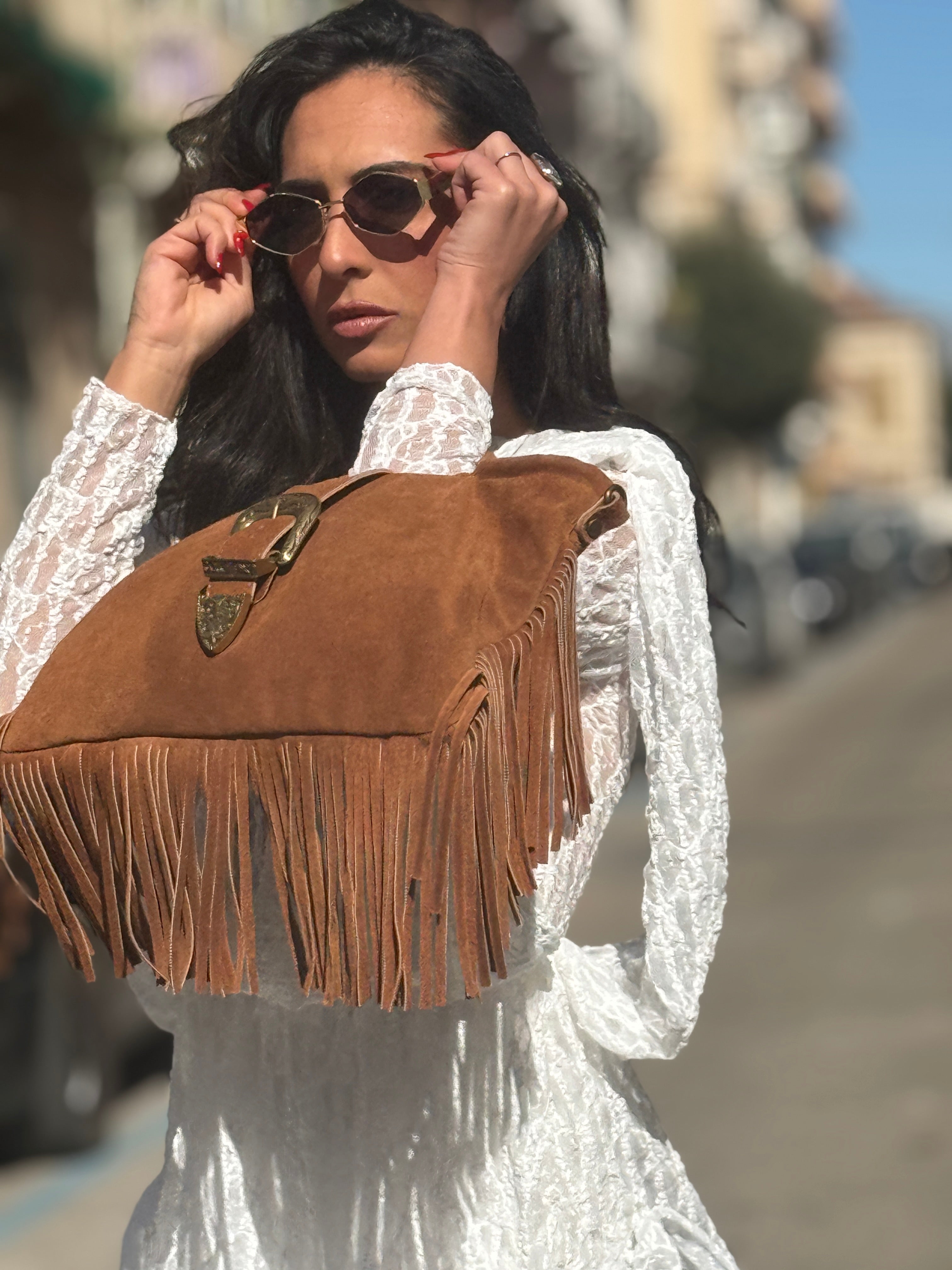 Borsa Frange Vera pelle & Camoscio